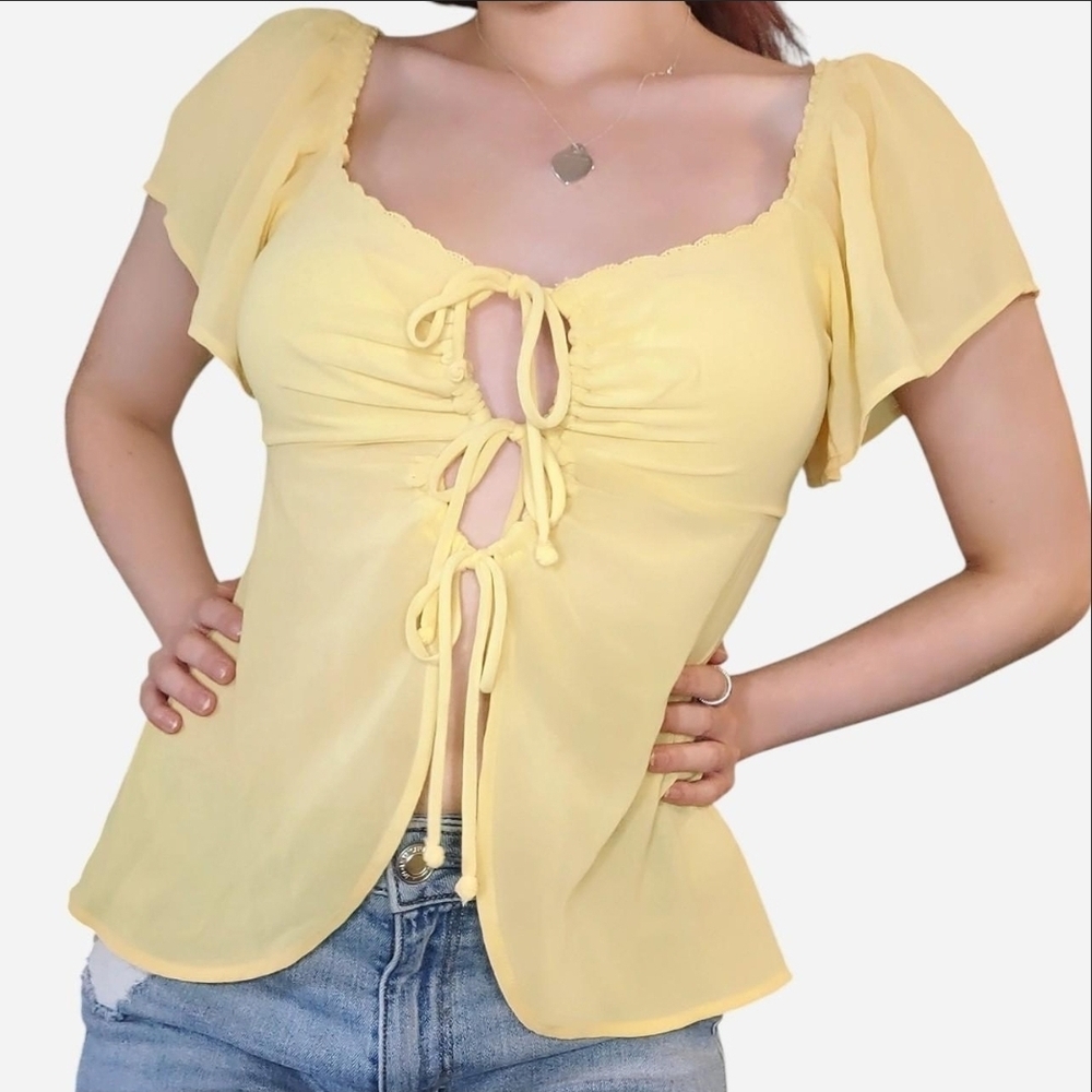 wild fable Yellow Tie-Front Puff Sleeve Blouse